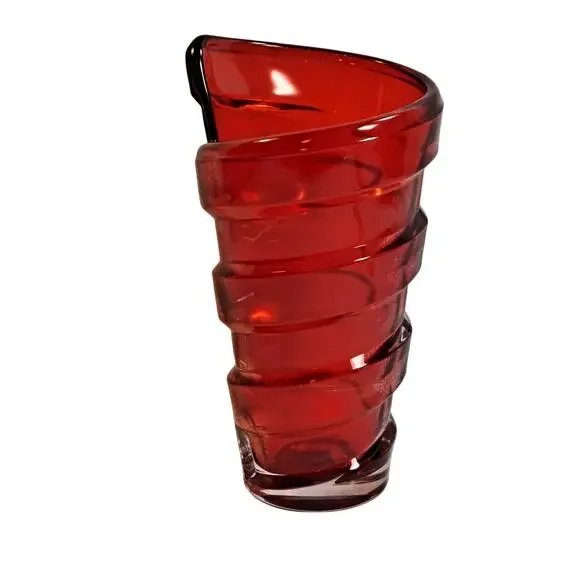 Vintage Ruby Red Spiral Swirl Art Glass Vase 9" Unmarked Centerpiece Flowers